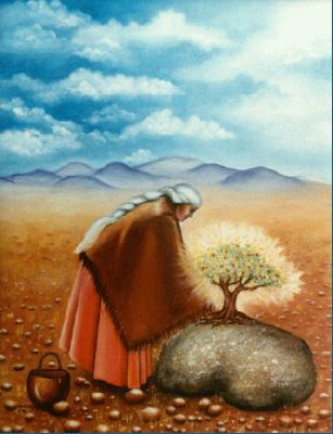 The Keeper of the Tree carefully watches and maintains the health of tree.  She is in reality an angel who is assigned to the tree of life.  The tree is on a foundation of rock that represents the word of God. 