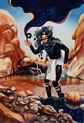 This is a representational image of an Azect icon.  Tetzcatlipoca is one of the Sacred Twins.  He is Smoking Mirror which represents mystery, dreams, water and illusion. He holds up a mirror so you can see the refelction of your true self. He is the smasher of delusions of granduer and authority.